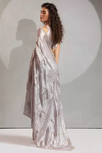 grey foil printed two tone silk blend embroidered saree