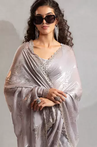 grey foil printed two tone silk blend embroidered saree