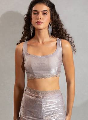 grey foil printed two tone silk blend embroidered saree 5