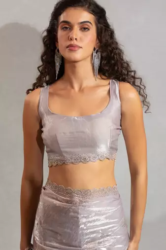 grey foil printed two tone silk blend embroidered saree