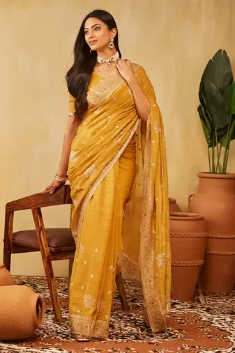 Mustard embroidered chiffon saree