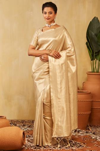 Cream woven zari banarasi saree