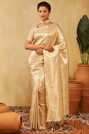 Cream woven zari banarasi saree