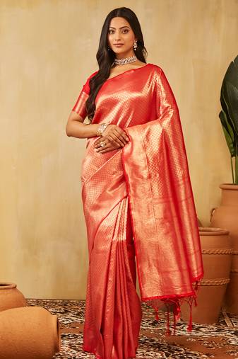 Red women's woven zari art silk designer banarasi saree