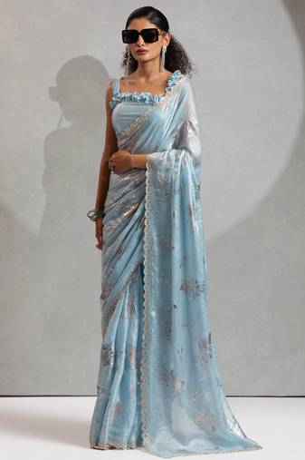 sky blue foil printed two tone silk blend embroidered saree