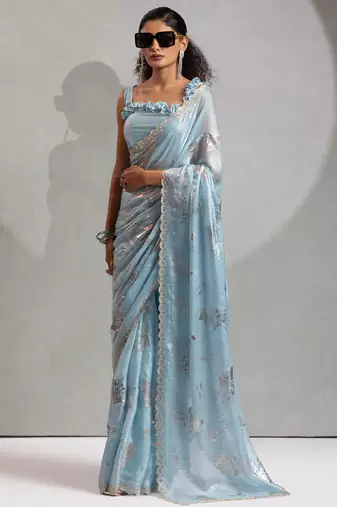 sky blue foil printed two tone silk blend embroidered saree