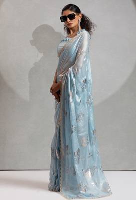 sky blue foil printed two tone silk blend embroidered saree 2