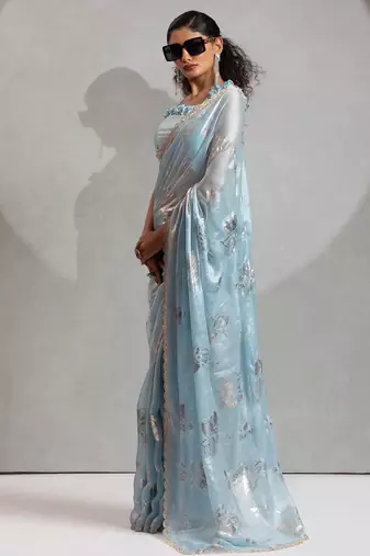 sky blue foil printed two tone silk blend embroidered saree
