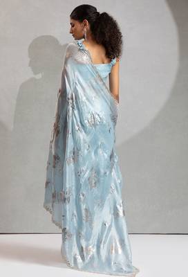 sky blue foil printed two tone silk blend embroidered saree 3