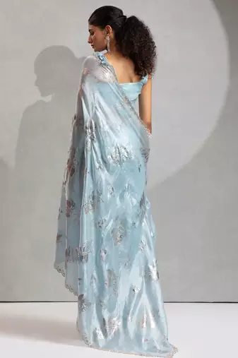 sky blue foil printed two tone silk blend embroidered saree