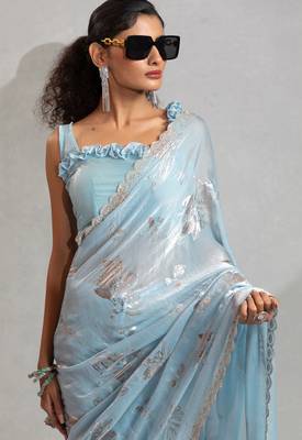 sky blue foil printed two tone silk blend embroidered saree 4