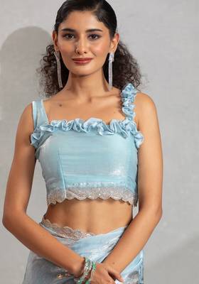 sky blue foil printed two tone silk blend embroidered saree 5