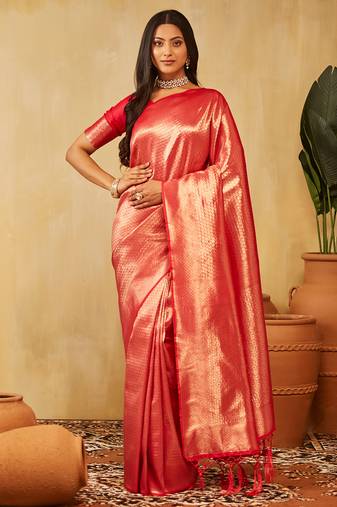 Red geometric woven zari banarasi saree