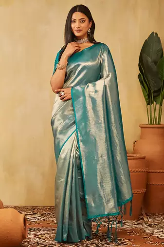 Teal woven zari banarasi saree