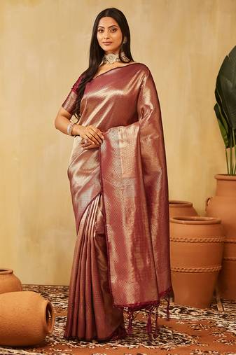Wine woven zari banarasi saree with unstitched blouse piece