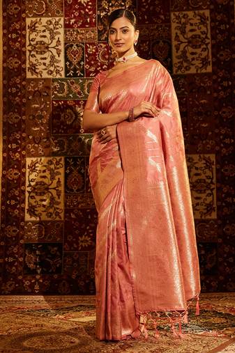 Peach woven zari banarasi saree