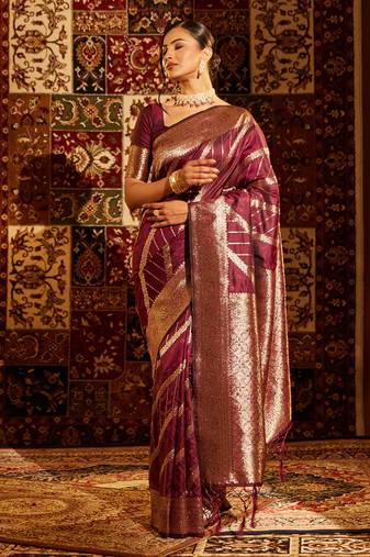 Wine striped zari banarasi saree