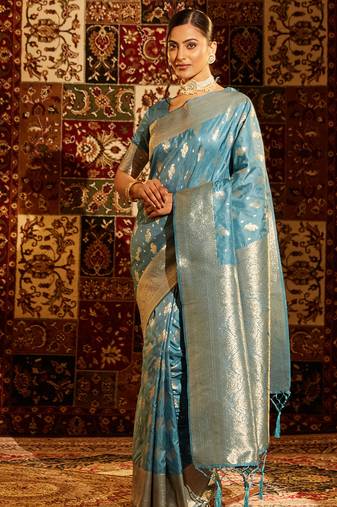 Teal paisley woven zari banarasi saree