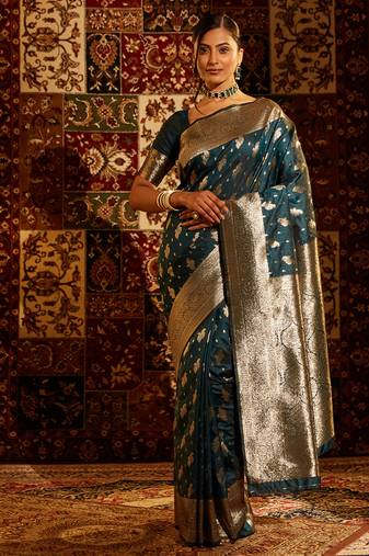Turquoise blue ethnic motifs woven zari banarasi saree