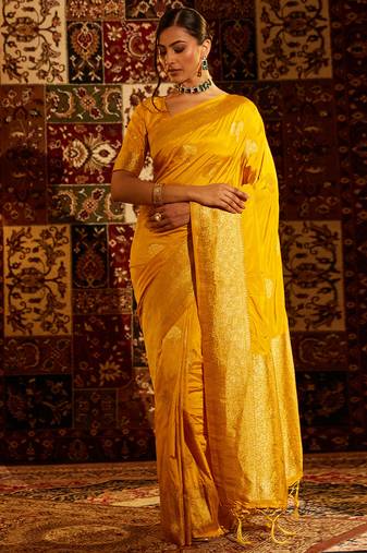 Mustard women ethnic motifs zari banarasi saree