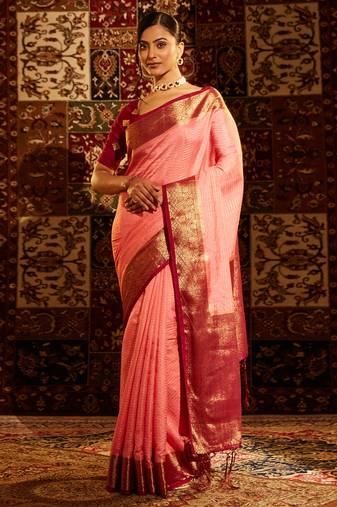 Pink woven zari art silk banarasi saree
