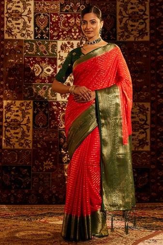 Red women floral woven zari art silk designer banarasi saree