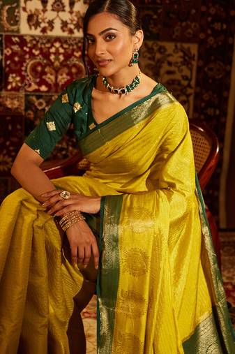 Lime green striped woven zari banarasi saree