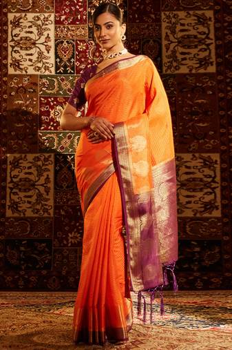 Orange ethnic motifs zari banarasi saree