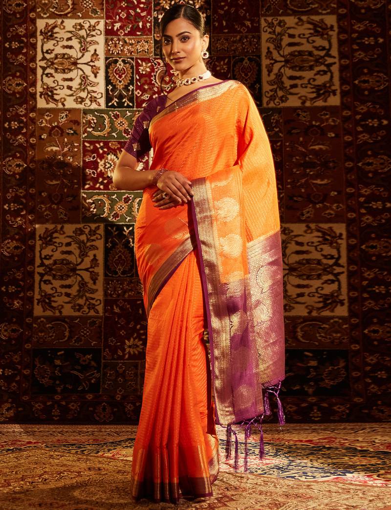 Orange ethnic motifs zari banarasi saree
