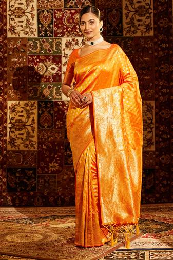 Mustard woven ethnic motifs zari banarasi saree