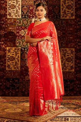 Red women's woven zari art silk banarasi saree