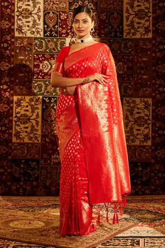 Red women's woven zari art silk banarasi saree