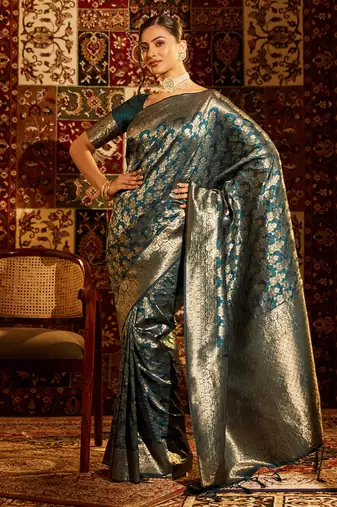 Teal woven zari banarasi saree