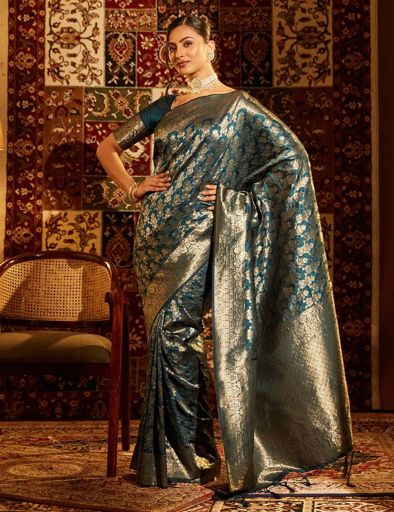 Teal woven zari banarasi saree