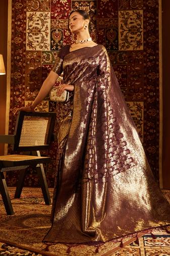 Wine woven zari banarasi saree
