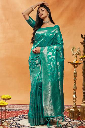Teal woven zari banarasi saree