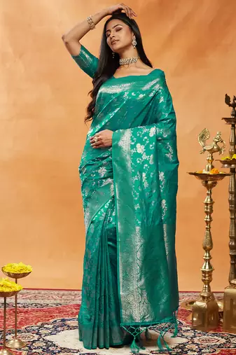Teal woven zari banarasi saree