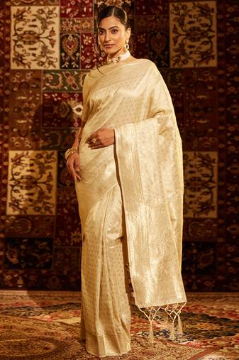 Cream woven zari banarasi saree