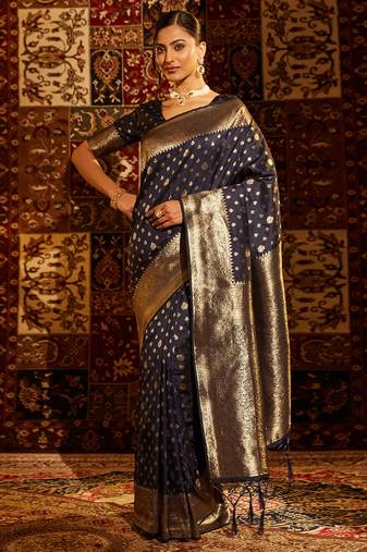 Navy blue woven ethnic motifs zari banarasi saree
