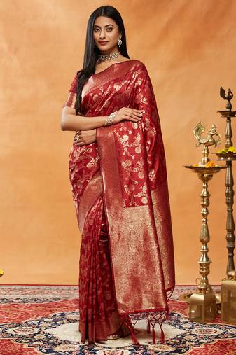 Red floral woven zari banarasi saree