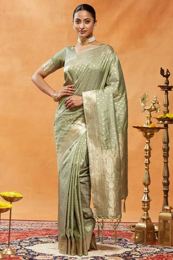 Olive green ethnic motifs woven zari art silk banarasi saree