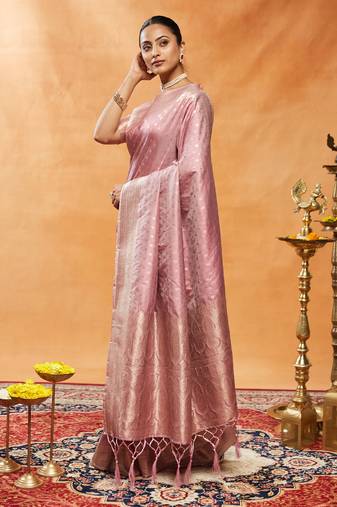 Peach woven ethnic motifs zari banarasi saree