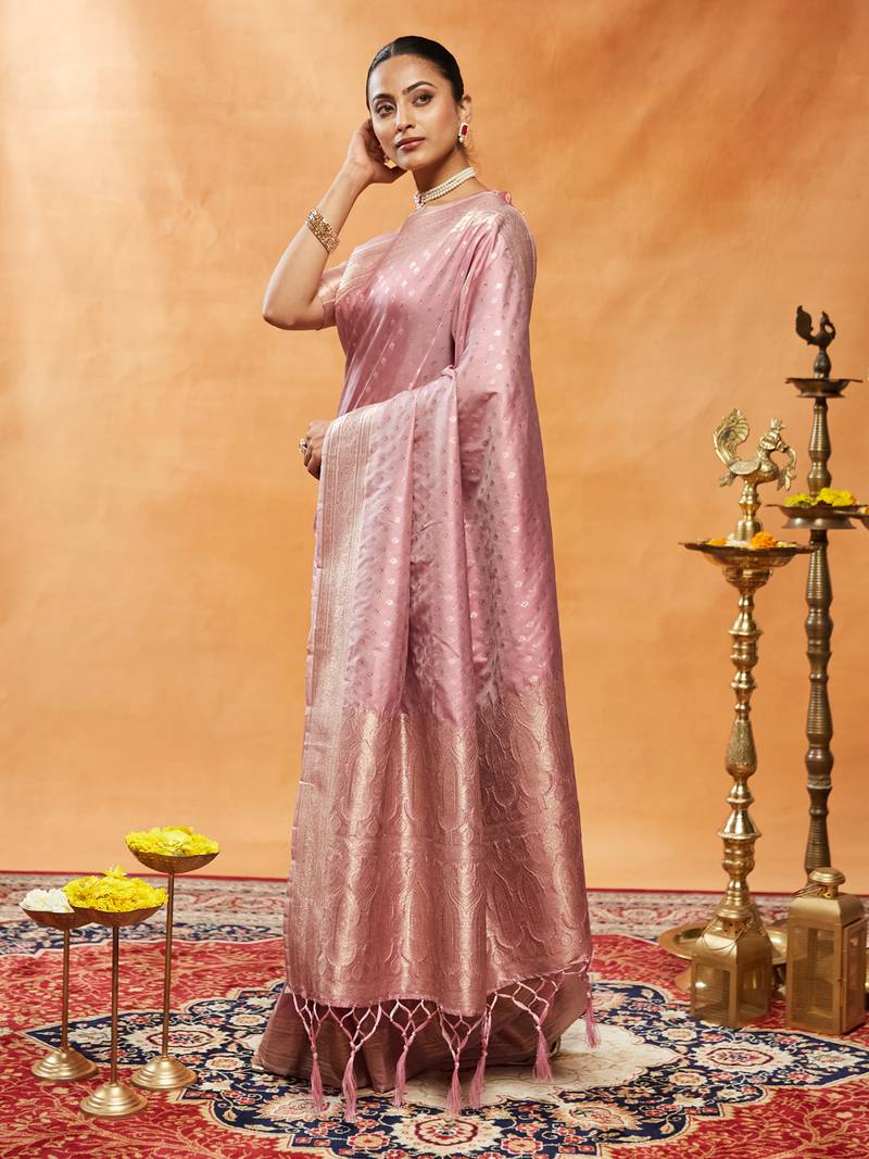 Peach woven ethnic motifs zari banarasi saree