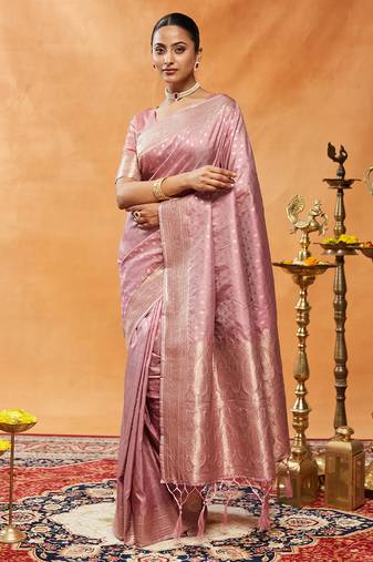 Pink woven ethnic motifs zari banarasi saree