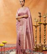 Pink woven ethnic motifs zari banarasi saree
