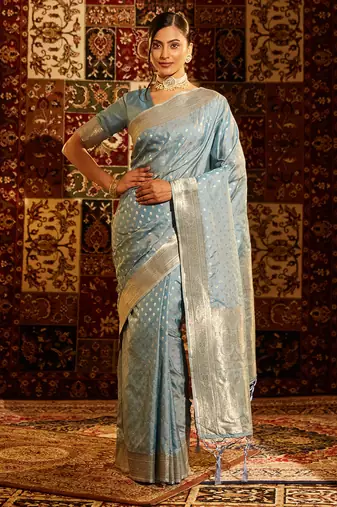 Teal woven ethnic motifs zari banarasi saree