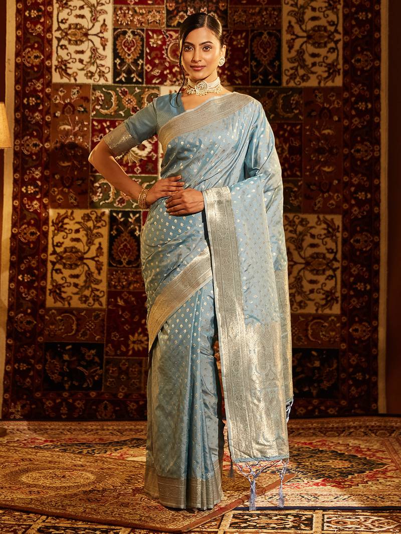 Teal woven ethnic motifs zari banarasi saree
