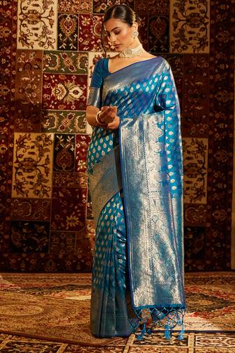 Turquoise blue woven zari banarasi saree