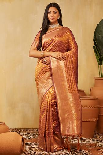 Mustard women zari work ethnic motifs art silk  designer banarasi saree