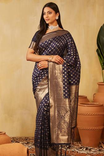 Navy-blue ethnic motifs woven zari banarasi saree